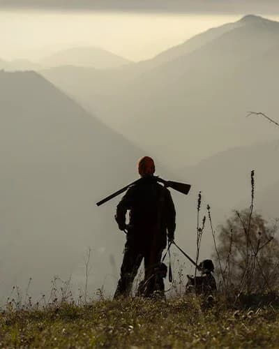 A hunter with a slung rifle and a gun dog silhouetted on a misty ridgeline at first light, looking out over open high country.